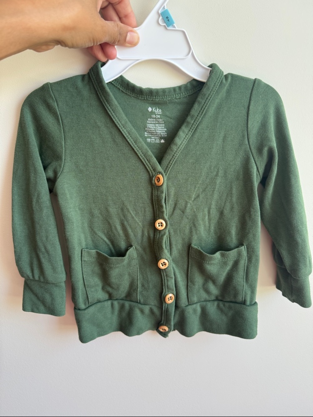 Kyte BABY Olive Green V-Neck Baby Cardigan with Wooden Buttons